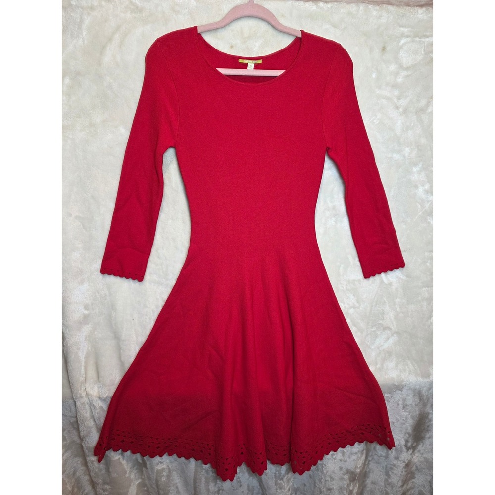 Gianni Bini Red Fit & Flare Sweater Dress Scalloped Eyelet Hem Long Sleeve XS